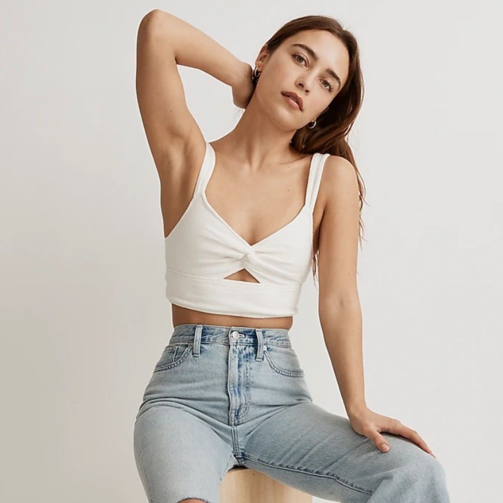 Cutout Knot-Front Crop Ivory Tank Top-XS